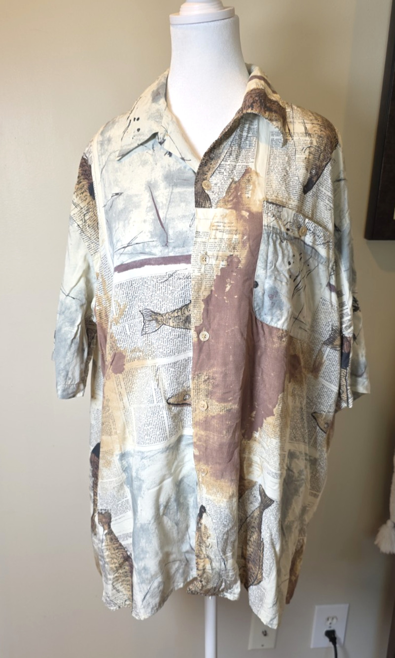 Barry Bricken Fish Print Rayon Camp Shirt L Fishing AOP Newspaper Art USA